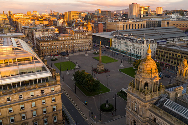 Aerial shot of Glasgow George Square at sunset